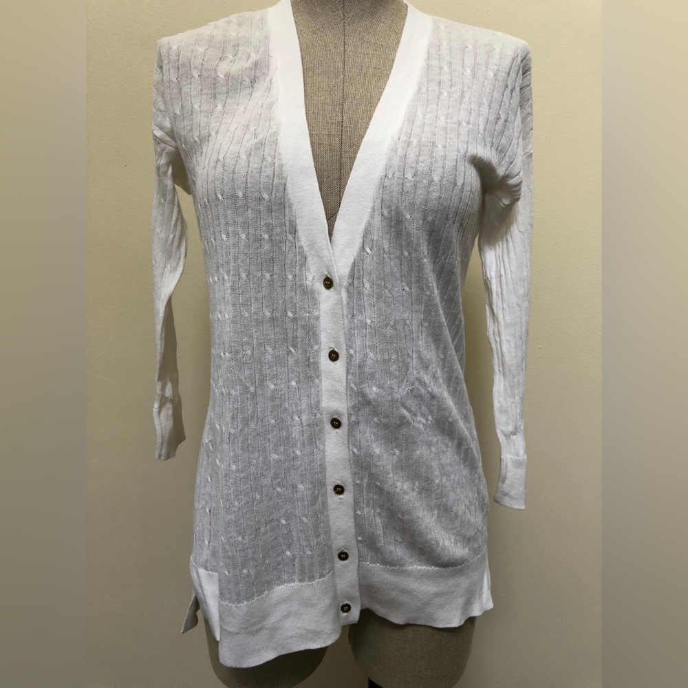 NWT JCP linen cotton v-neck hi-low cardigan 3/4 sleeve summer white S